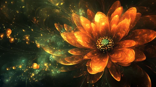 Glowing orange fractal flower on deep cosmic background.