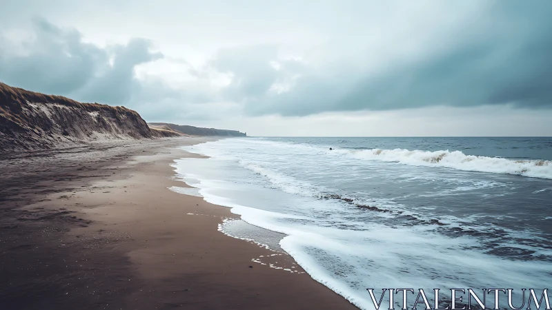 Stormy shoreline curves beneath brooding grey skies.