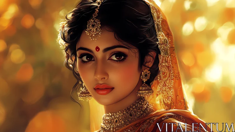 Bridal portrait shows ornate Indian jewelry under warm bokeh glow