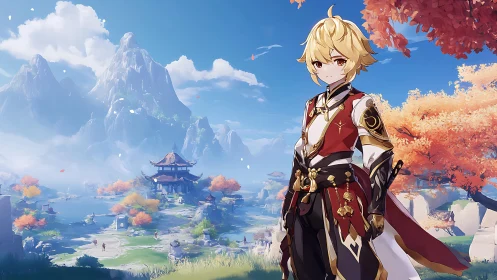 Golden-haired anime warrior in serene mountain realm landscape.