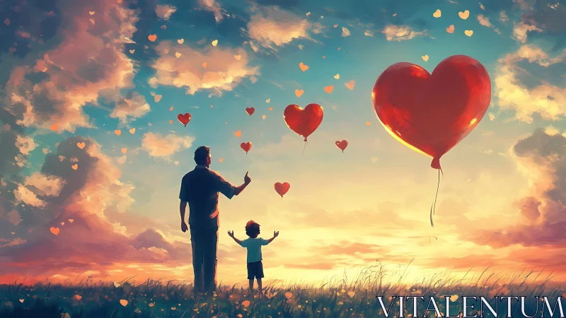 Father and Child Releasing Heart Balloons at Sunset.
