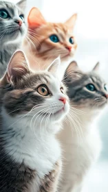 Four Cats Gazing Upward with Striking Blue Eyes.