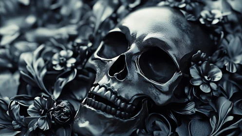 Polished human skull amid monochrome metallic floral relief