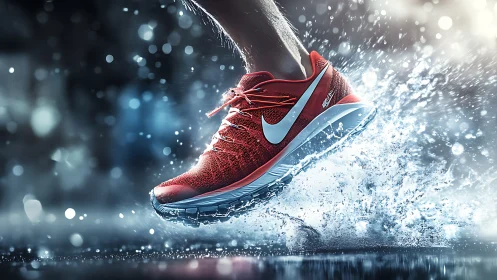 Dynamic red running shoe powers through dramatic water splash