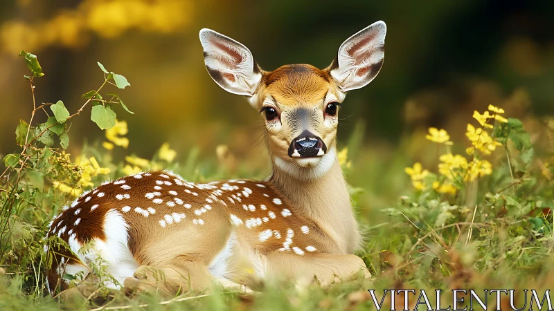 Spotted fawn curls into a sunlight pocket of wild meadow