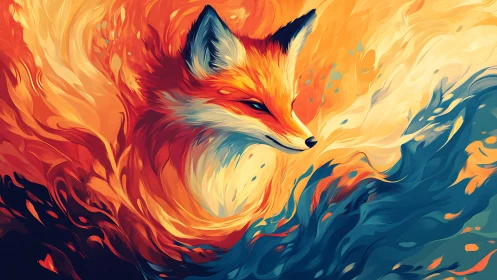 Fox spirit emerges from swirling fire and water energies.