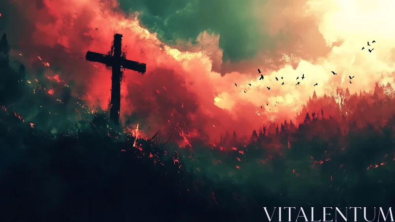 Burning hillside cross amid crimson wildfire skyscape.