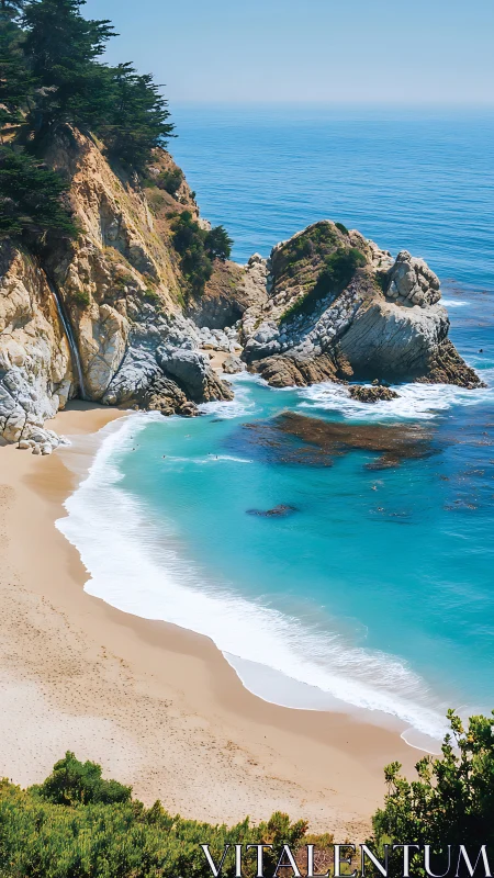 Sunlit cove welcomes gentle waves onto a quiet sandy shore