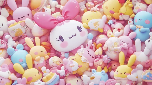 Pastel chibi plush cluster with confectionery surface modeling.