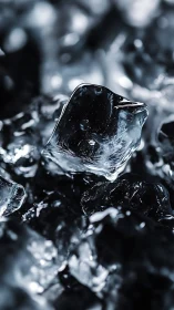 Single ice cube in sharp macro focus on dark background