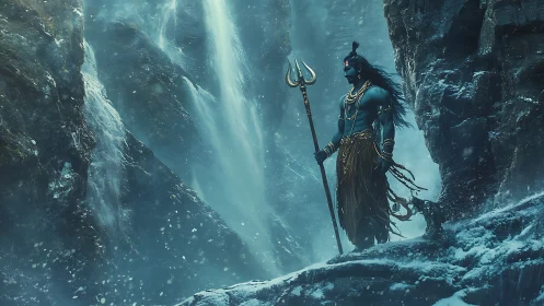 Stormlit blue deity guarding a frosted mountain waterfall.