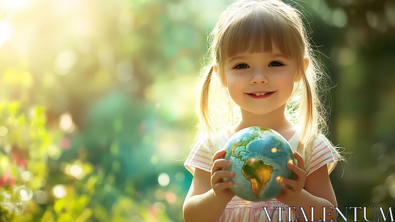 Young girl holding illuminated globe in garden setting.
