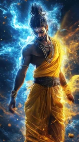 Fiery monk channels swirling cosmic energy in vivid light