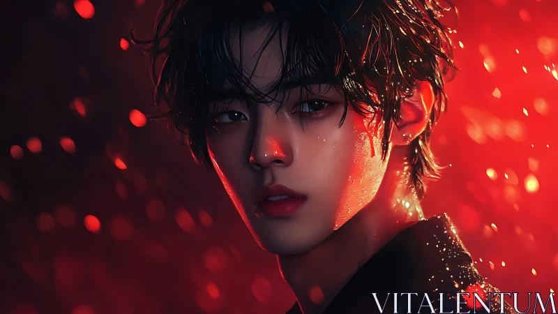 Cinematic red backlit portrait of wet-haired young man