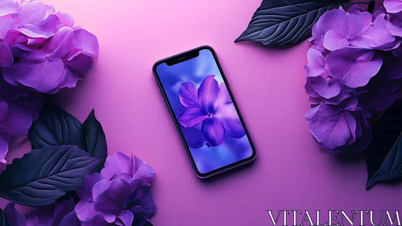 Smartphone Display with Purple Floral Composition Against Pink Surface