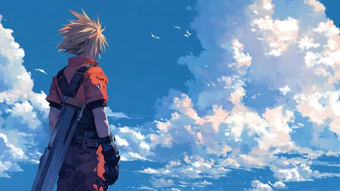 Anime warrior study with expansive skyward cloudscape framing.