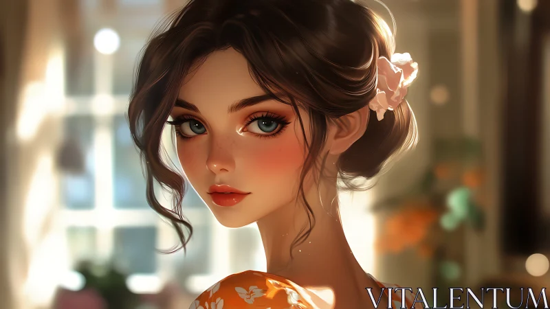 Sunlit daydream girl with soft florals and luminous eyes.