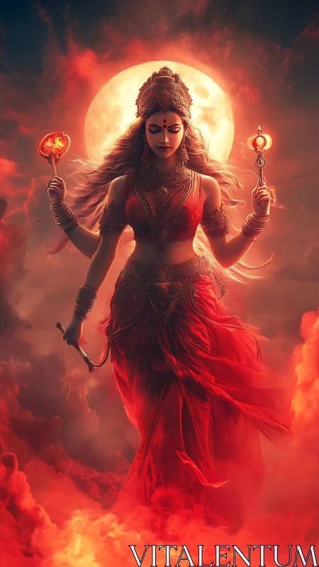 Fiery warrior goddess rising before blood moon halo.