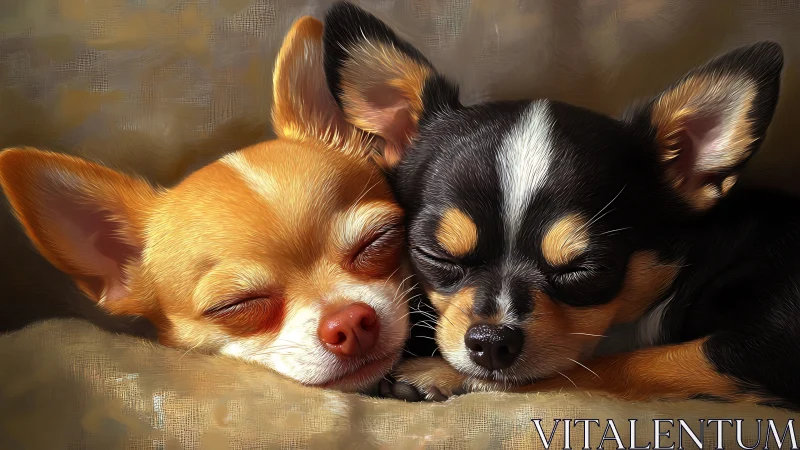Twin chihuahuas sleep in close-up with painterly fur detail