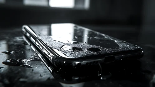 Sleek smartphone resting in glistening water on dark surface.