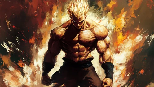 Storm-lit warrior rising from swirling painted flames.