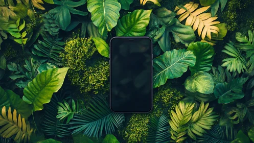 Smartphone with black screen framed by lush tropical leaves.