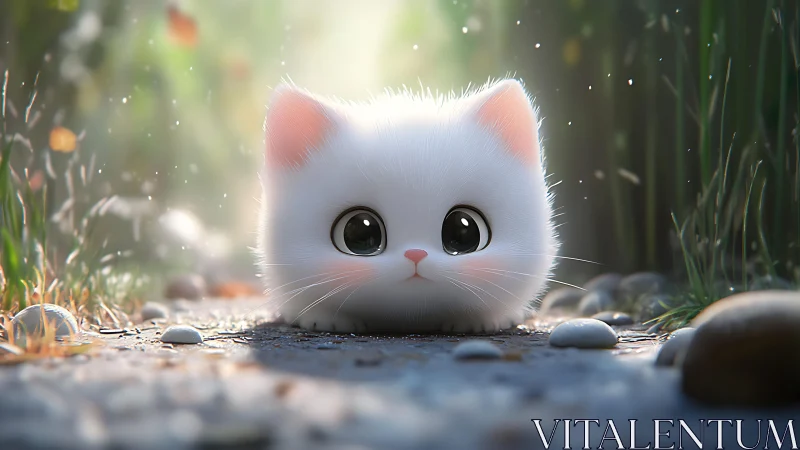 Fluffy white cat in garden setting with soft light glow.