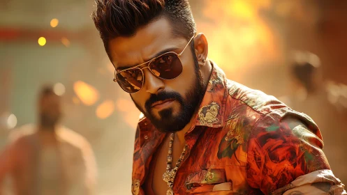 Confident man in patterned shirt stares through warm bokeh light