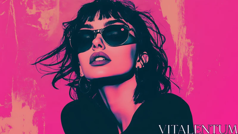 Chromatic portrait of sunglassed woman in neon duotone profile.