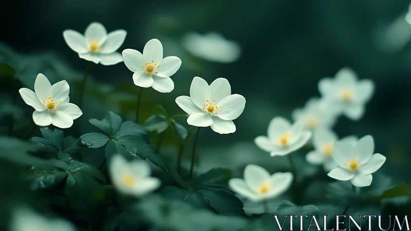 Delicate White Anemone Flowers with Yellow Stamens Against Deep Teal Foliage.