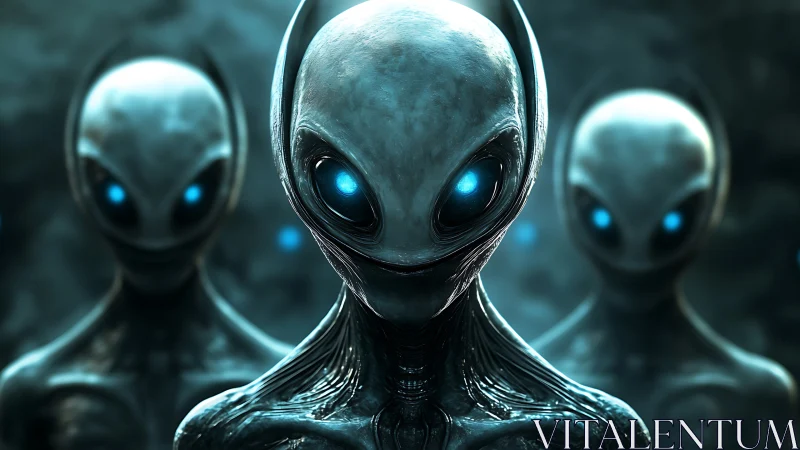 Mysterious alien visitors gaze forward with glowing blue eyes