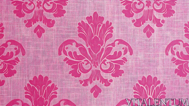 Pink damask floral motif over textured linen ground.