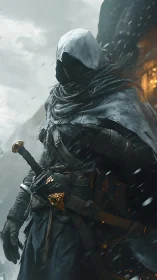 Armored hooded warrior rendered with cinematic volumetric lighting