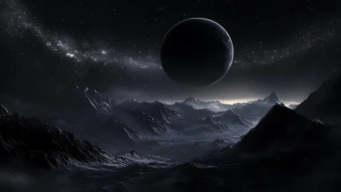 Lunar silhouette over frozen alien mountain landscape.