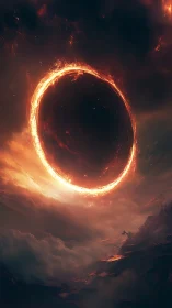 Celestial fire ring over storm-wracked abyssal landscape.