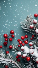 Snow covered red berries with frosted pine branches.