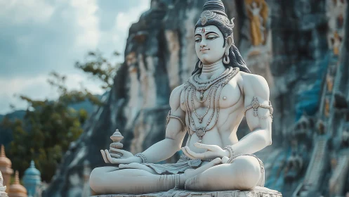 Large seated stone deity statue is positioned outdoors