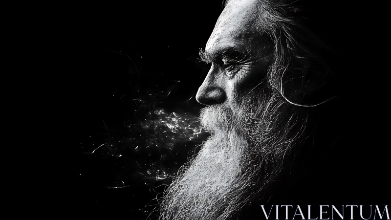 Old bearded man in profile exhales dense vapor into darkness