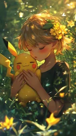 Sunlit anime child embracing Pikachu amid glowing meadow