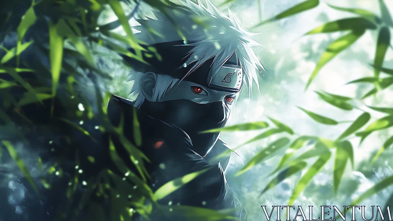 Masked anime shinobi emerges through luminous bamboo foliage