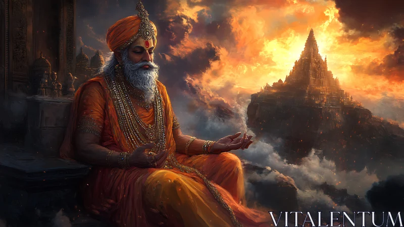 Elder in orange robes seated before distant temple peak.