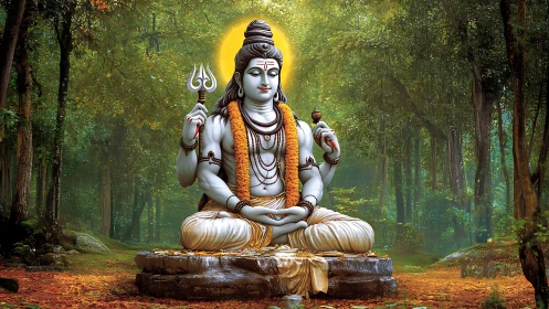 Shiva statue seated in forest clearing with haloed backdrop.