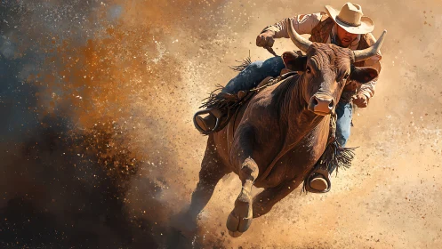 Dust explodes as a fearless bull rider charges through chaos