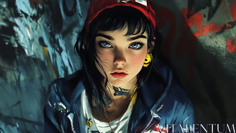 Graffiti-lit gaze carves electric calm in the urban hush