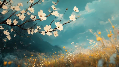 Blossoming branch leans into a dream-bright, windwashed sky