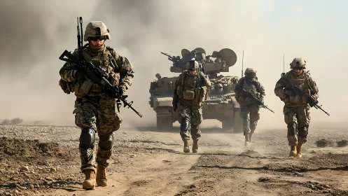 Armed soldiers advance on dusty road before armored vehicle