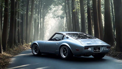 Silver sports car on forest road under diffused daylight.