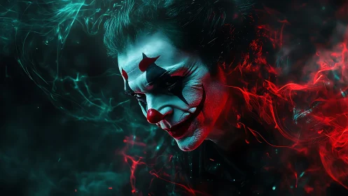 Grinning chaos jester wrapped in teal and ember smoke.