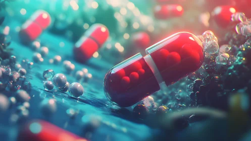 Futuristic red capsules floating in water with glowing effects.
