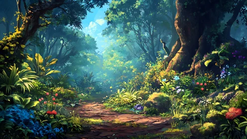 Luminescent Arboreal Canopy: Chromatic Forest Interior with Verdant Pathway.